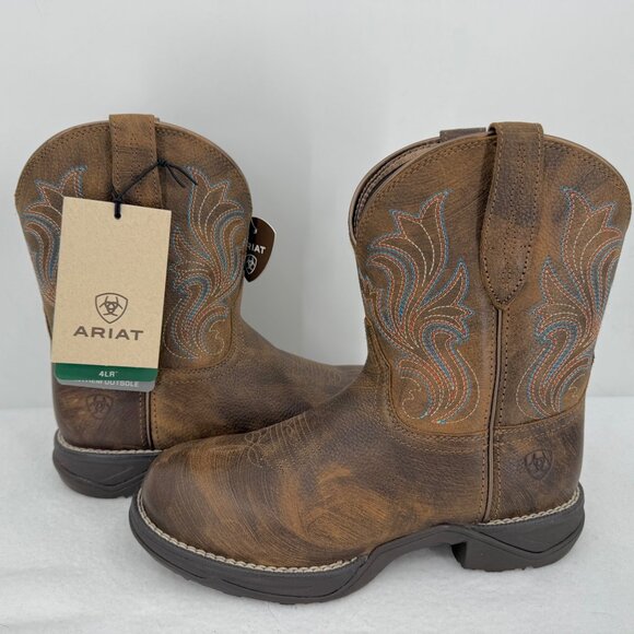 NWOB Ariat Womens Brown Leather Western Shortie Boots US 6.5B Oil/Slip Resistant - Picture 8 of 13